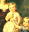 A painting of a blond toddler in a white dress being supported by another child wearing a blue dress.