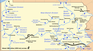 A network of east-west canals and connecting railroads spanned Pennsylvania from Philadelphia to Pittsburg. North-south canals connecting with this east-west canal ran between West Virginia and Lake Erie on the west, Maryland and New York in the center, and along the border with Delaware and New Jersey on the east. Many shorter canals connected cities such as York, Port Carbon, and Franklin to the larger network.