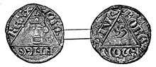 A photograph of the front and back of a silver penny, the design dominated by a triangle in the centre of each coin. One side shows King John's head.