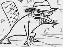 Pencil and ink line sketch of secret agent platypus, wearing a hat and with a determined expression, in a dramatic pose