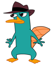 Color drawing of Perry the Platypus, standing upright, wearing a hat