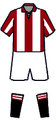 Football uniform composed of a white shirt with red vertical stripes, white shorts, and black socks