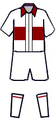 Football uniform composed of a white shirt with a red horizontal stripe, white shorts, and white socks