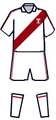 Football uniform composed of a white shirt with a red diagonal stripe, white shorts, and white socks