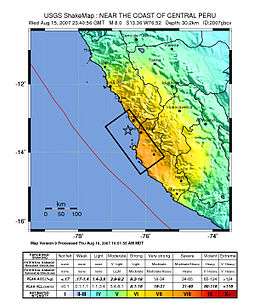 Map of the Peru coastline, showing location and strength of quake. Star marks epicenter.