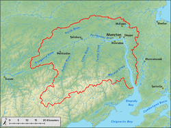 A map shows the course of the river and its tributaries, in addition to the location of its drainage area in southern New Brunswick.
