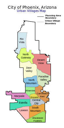 a graphic representation showing how Phoenix is broken up into 15 urban villages