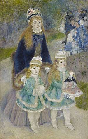 A painting of a woman and two girls standing on a path, all three of which having blonde hair and wearing blue coats and both facing and looking right