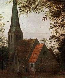 Painting detail of a church. Its steeple is to the left. A withered tree stands before the church.