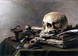 Skull on table 'Vanitas, by Pieter Claesz, painted in 1630 from the Mauritzhuis, The Hague