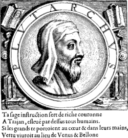 A black and white engraved side profile portrait of Plutarch