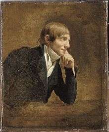 An oil on canvas in brown tones of a white man with short brown hair. He is sitting side-on, facing to the right of the picture, with his chin on his left hand. He wears a frock coat and shirt with a wide neck tie. He has a faint smile.