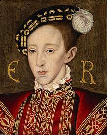 Formal portrait in the Elizabethan style of Edward in his early teens. He has a long pointed face with fine features, dark eyes and a small full mouth.