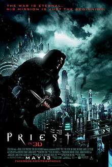 Paul Bettany character, wearing priestly garb and having a Christian cross tattooed on his face, stands against the background of a futuristic city.