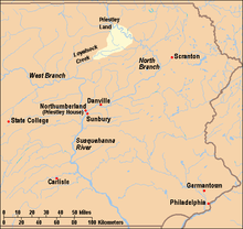 Map of eastern Pennsylvania showing important locations for the history of Priestley and the area