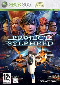 Against a backdrop of space where two forces of starfighters dart in to engage each other, an orange-and-white starfighter, packed with weapons, flies towards the reader. Headshots of five of the game's notable characters are arrayed above the words "Project Sylpheed", which is emblazoned in the middle.