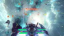 Gauges at the bottom of the user interface show the shield strength and weapons ammunition. Figures at the top right show the number of enemies destroyed and time remaining to complete the mission. Red markers highlight enemies, who leave pink trails in their wake. Friendly crafts leave blue contrails, and missiles white.