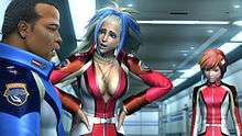 Computer generated models of a black man with close-cropped hair, a woman with messy blue and white hair and whose buxom cleavage is generously shown, and a pink-haired girl whose chest is less well-endowed