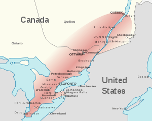 two colour map of Windsor area with towns along the St Lawrence river