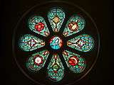 Detail of the Marian rose window in the choir loft. This window is above the main front doors.