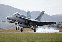 Photo of a modern fighter aircraft landing on a runway. Mountains are visible in the background of the photo.