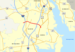 Highways in the Cranston area of central Rhode Island are shown on a map. Route 37 is highlighted, running west to east for 3.5 miles from an unnumbered route in Cranston to U.S. Route 1 in Warwick.