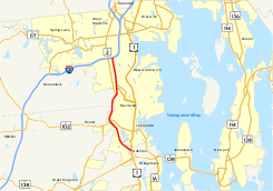 Highways in the Warwick area of southeastern Rhode Island are shown on a map. Route 4 is highlighted, running south to north for 10 miles from U.S. Route 1 in North Kingstown to Interstate 93 in West Warwick.
