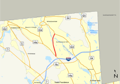 Highways in the Woonsocket area of northern Rhode Island are shown on a map. Route 99 is highlighted, running south to north for 3 miles from Route 146 in Lincoln to Route 122 in Woonsocket.