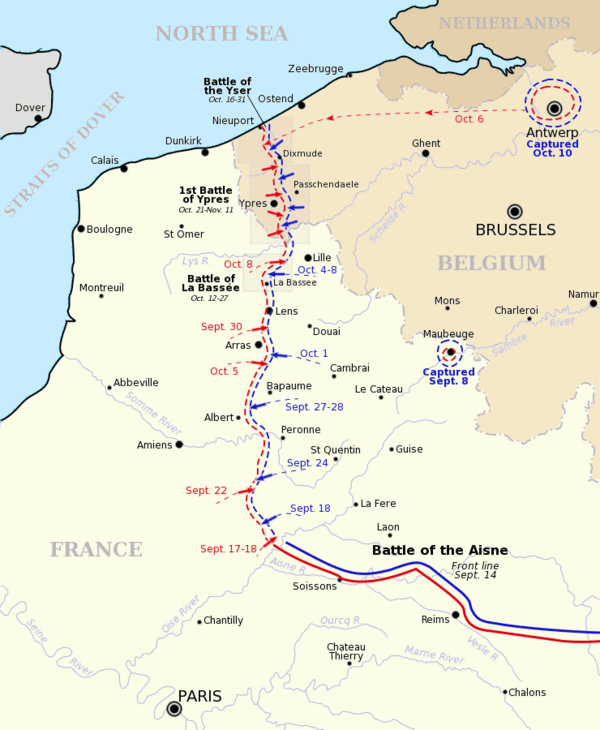 Map of northern France and Belgium showing the progress of battles in September to November 1914