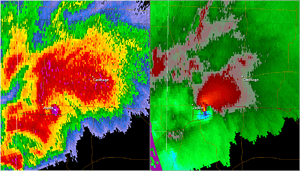 Image showing two radar images. On the left is a base reflectivity radar image, which displays precipitation. On the right is a storm relative velocity radar image, which shows direction and intensity of wind speeds.