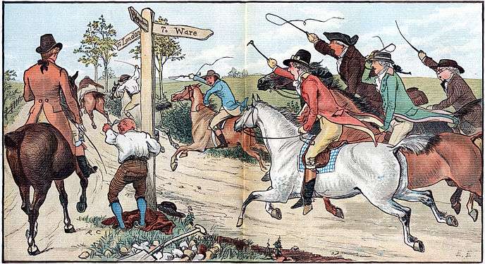 Illustration of a country road crossroad with a man standing below the signposts and seven galloping horsemen waving crops converging from one direction and a single walking horseman from the other