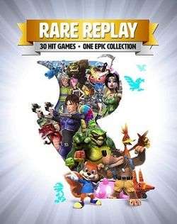 Portrait-oriented cover art with gradient from white to gray outward from the center with explosive/glare streaks. Atop is a golden banner with "RARE REPLAY" emblazoned in white, and below it, a smaller gray banner with black text: "30 HIT GAMES · ONE EPIC COLLECTION". In the center and occupying most of the image is a large cutout of the company's R rotunda logo, out of which come characters from the series, including Joanna Dark, Banjo and Kazooie, Conker, Sabreman, a piñata, and many others.