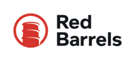 On the left, a outline barrel is surrounded by a circle and is shadowed only with red. To the right, the words "Red Barrels" is formatted into two separate columns.