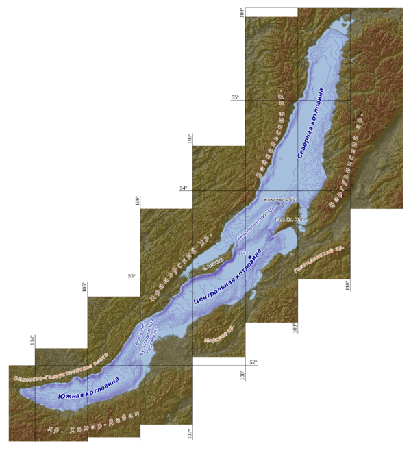The submerged portion of Academician Ridge connects the Ushkany Islands (upper right just west of the Svyatoy Nos peninsula) with Olkhon Island (lower left).  Click to see full lake relief map.