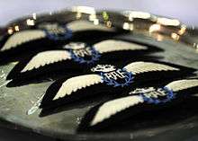 Four RAF badges in a row, each showing letters RAF, inside a blue laurel, with a crown above it and wings to either side