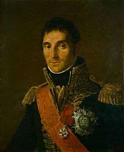 Painting of a heavily decorated man in a blue military uniform. The dour-looking man has dark hair and deep, heavily lidded eyes.