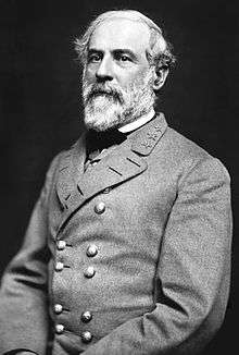 Photo of white-haired and bearded Robert E. Lee in a double breasted gray uniform with three stars on his collar