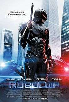 Robocop, holding his gun, getting out of his police motorbike and looking right, behind him, there is the city, and he is surrounded by the film's name, slogan and credits and the release date.