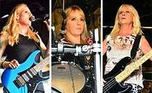 A rectangle cut into three, each with a head-shot photograph of each of the three members of Rock Goddess.