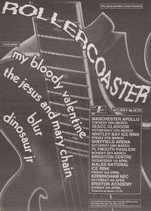 A monochrome image of the word "rollercoaster" in large warped text. Other text reads "Blur", "Dinosuar Jr", "My Bloody Valentine" and "The Jesus and Mary Chain". A logo for Melody Maker is seen in the top right corner.