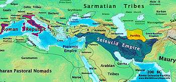 A map centered on the Mediterranean and Middle East showing the extent of the Roman Republic (Purple), Selucid Empire (Blue), and Parthia (Yellow) around 200 BC.