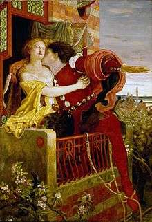 A painting of a woman dressed in clothing circa 1600 standing on a balcony, being kissed by a man who has climbed up to her from outside the building