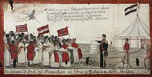 Painting depicting a group of men and women bearing banners approaching a man in military uniform who holds a scroll, with a tent and flag in the background