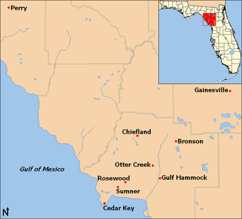 A color digital map showing the location of Rosewood in relation to other towns involved in the massacre