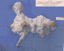 Ross Island, Antarctica. Topographical map, scaled one to two hundred and fifty thousand. Sourced from the United States Geological Survey