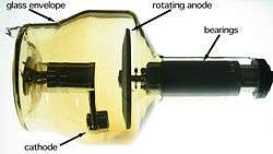 A large glass bulb. Inside the bulb, at one end, is a fixed spindle. There is an arm attached to the spindle. At the end of the arm is a small protuberance. This is the cathode. At the other end of the bulb is a rotatable wide metal plate attached to a rotor mechanism which protrudes from the end of the bulb.