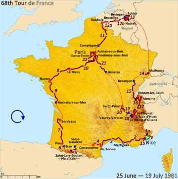 Map of France with the route of the 1981 Tour de France