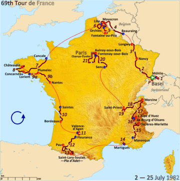 Map of France with the route of the 1982 Tour de France