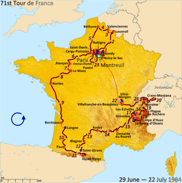 Map of France with the route of the 1984 Tour de France