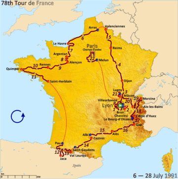 Map of France with the route of the Tour de France 1991